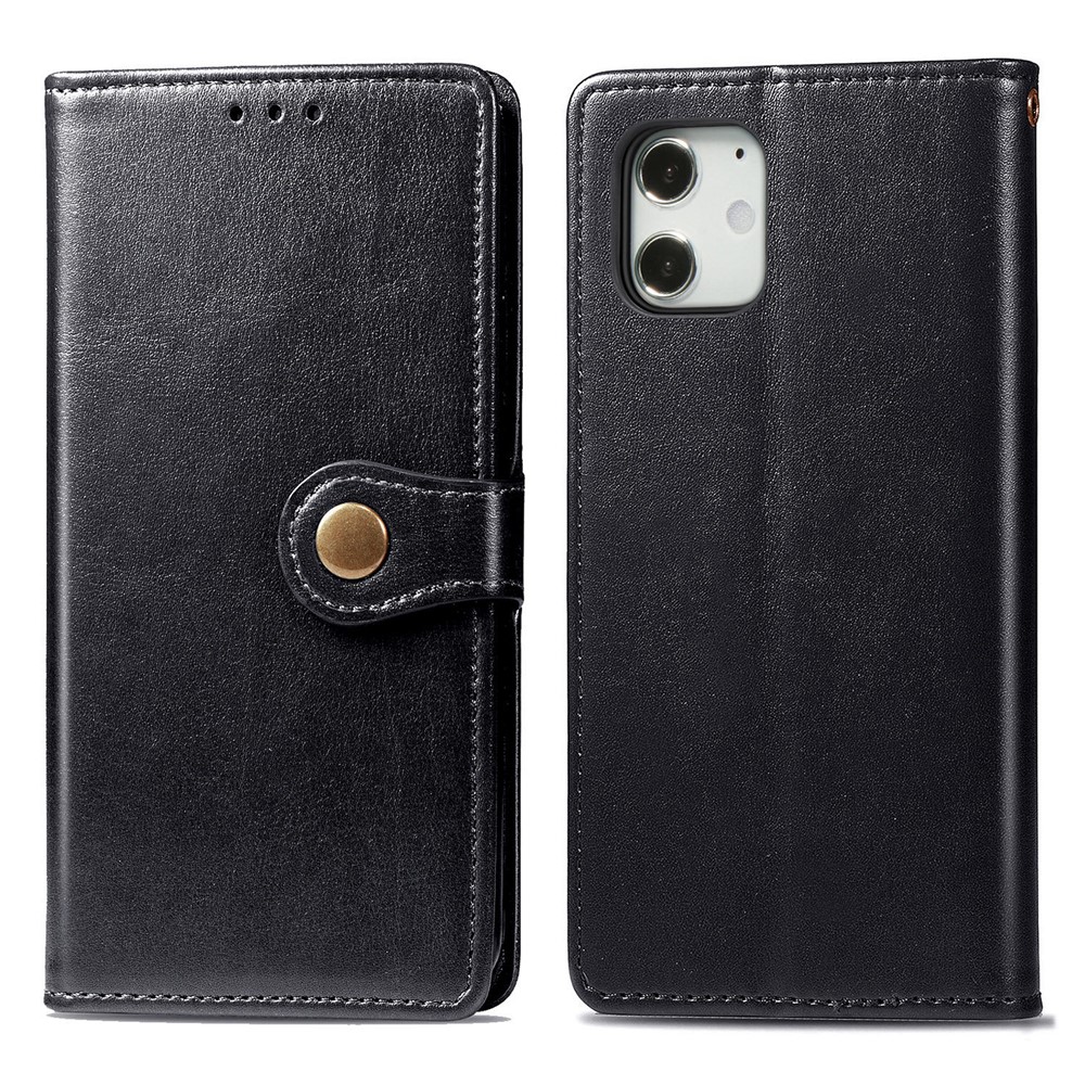 Solid Color Wallet Stand Leather Phone Case Shell with Round Buckle Design for iPhone 12 mini - Black-2