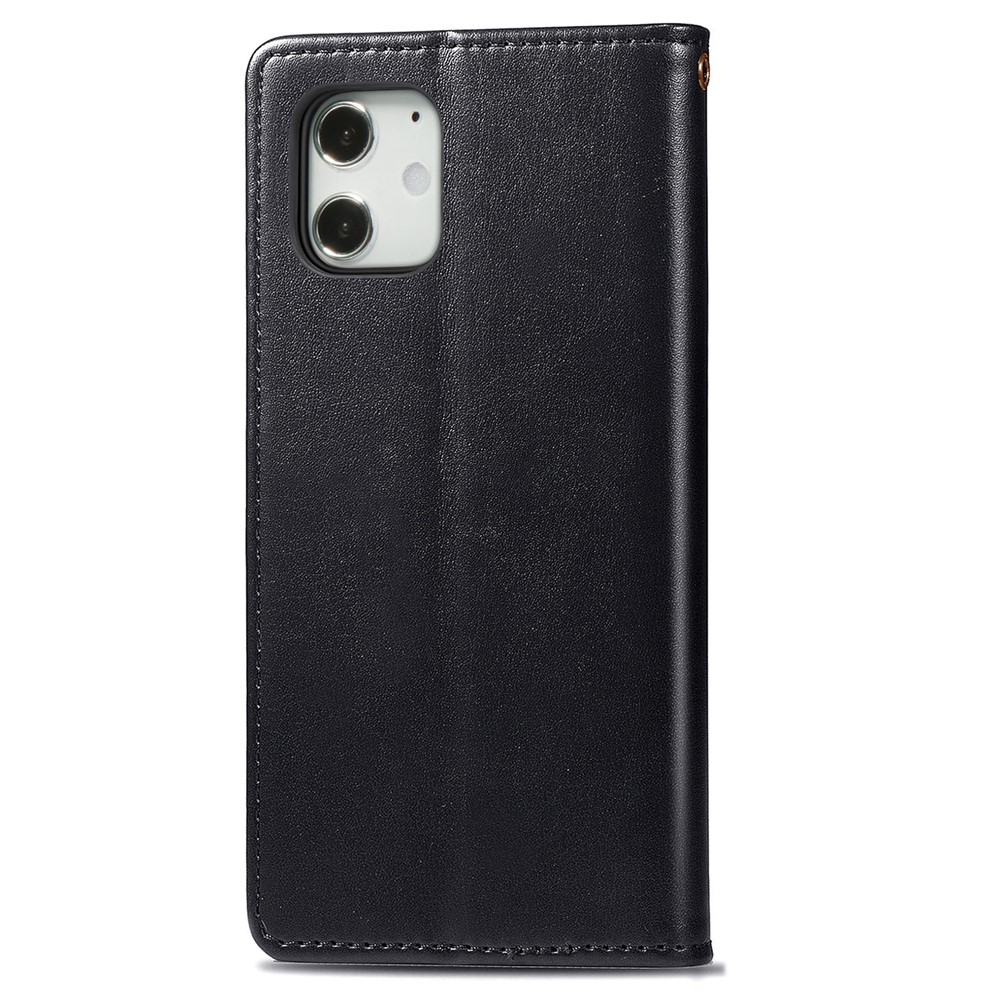 Solid Color Wallet Stand Leather Phone Case Shell with Round Buckle Design for iPhone 12 mini - Black-4