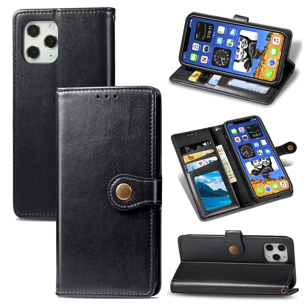 Solid Color Wallet Stand Leather Phone Case for iPhone 12 Pro Max Round Buckle Design Shell - Black-1