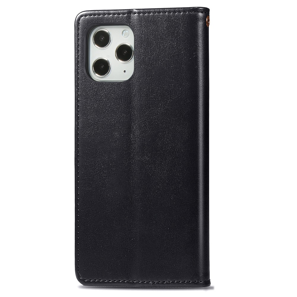 Solid Color Wallet Stand Leather Phone Case for iPhone 12 Pro Max Round Buckle Design Shell - Black-4