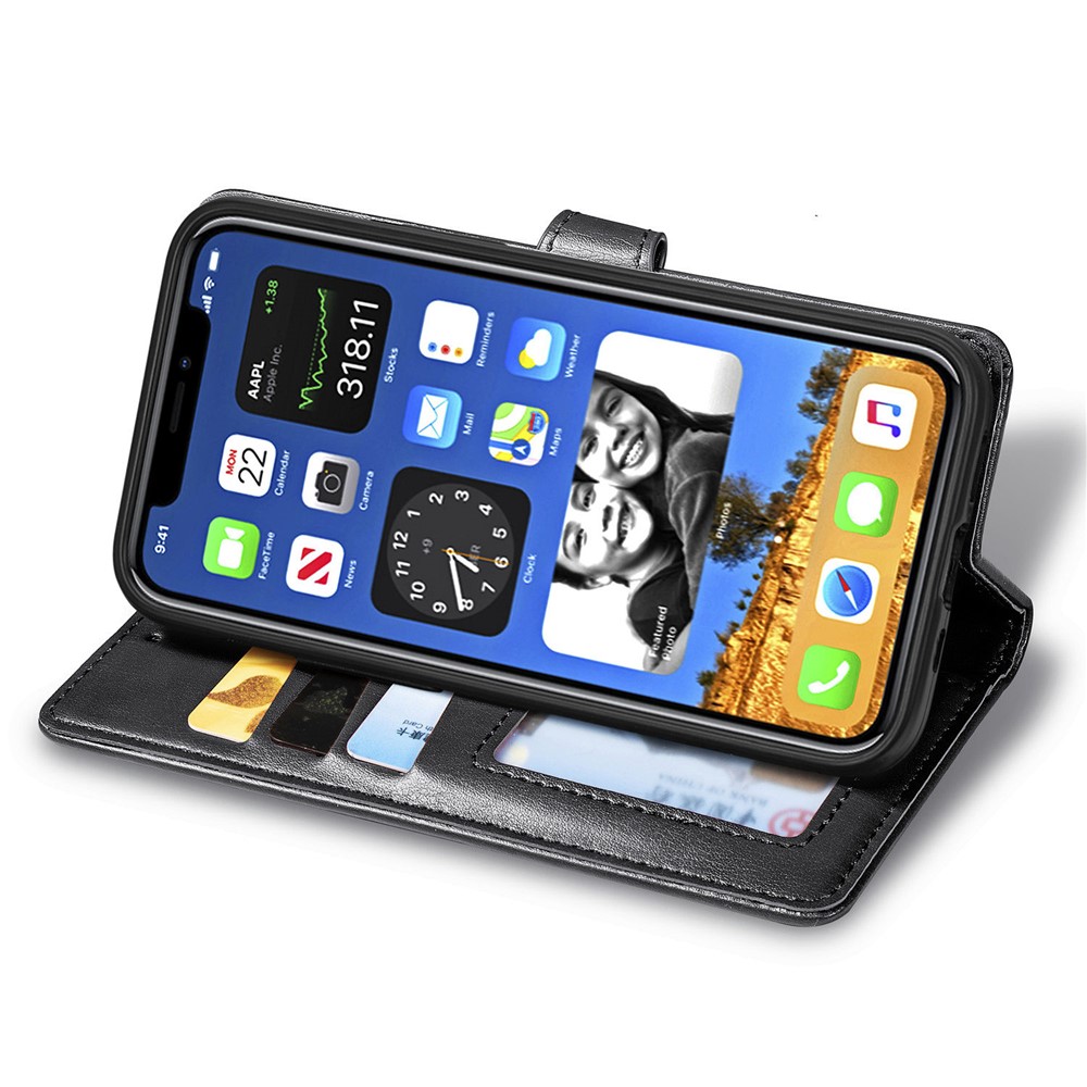 Solid Color Wallet Stand Leather Phone Case for iPhone 12 Pro Max Round Buckle Design Shell - Black-6