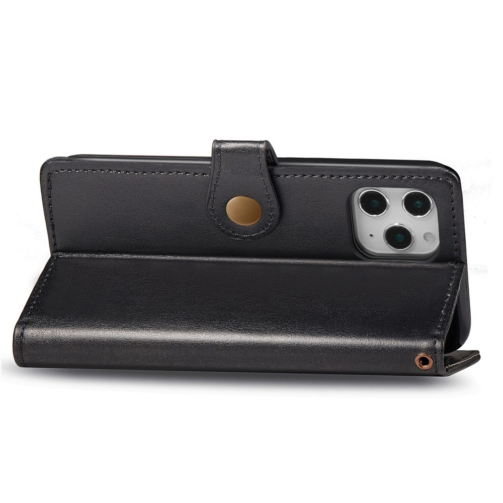Solid Color Wallet Stand Leather Phone Case for iPhone 12 Pro Max Round Buckle Design Shell - Black-7