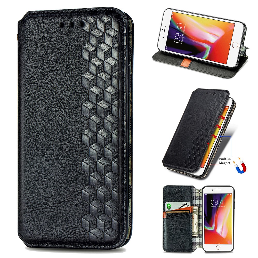 Fashion Auto-absorbed Rhombus Texture PU Leather Wallet Stand Cover for iPhone 7/8/SE (2nd Generation) - Black-1