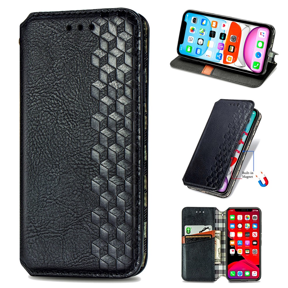 Fashionable Auto-absorbed Rhombus Texture PU Leather Wallet Cover for iPhone 11 6.1 inch - Black-1