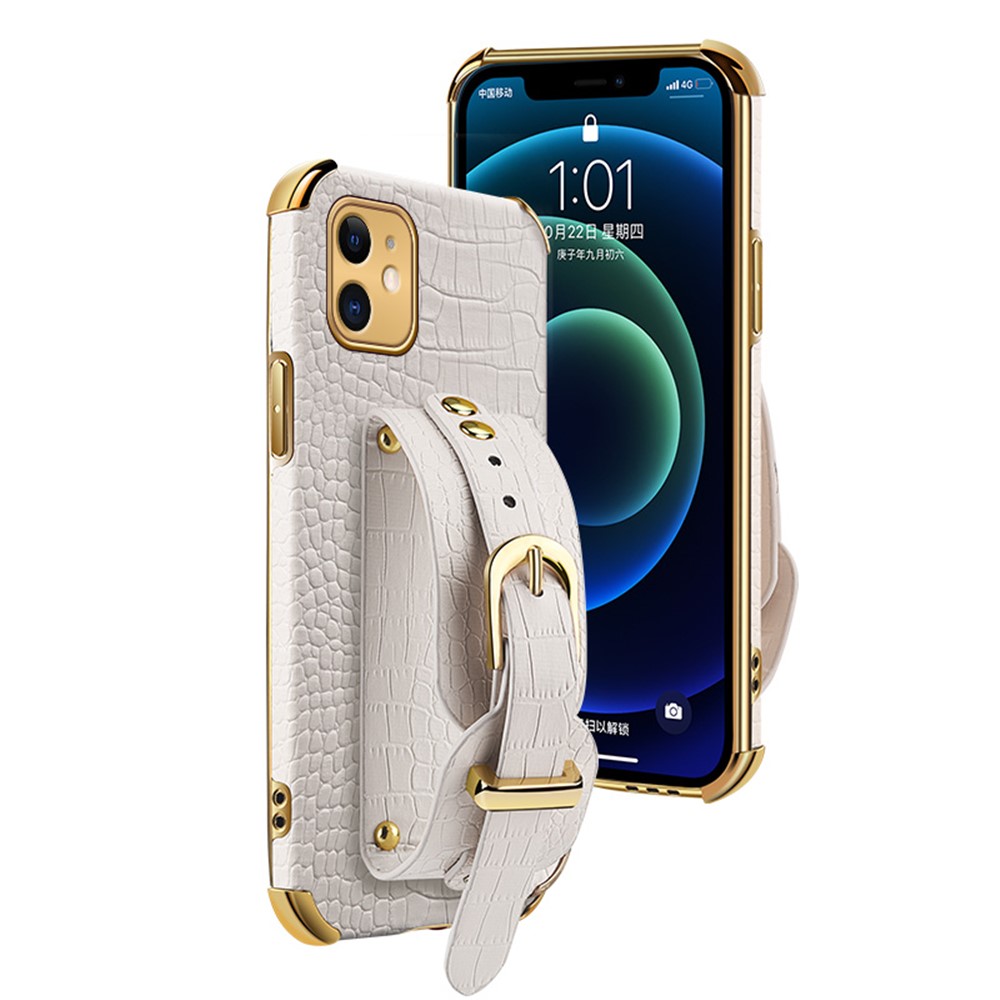 6D Electroplated Crocodile Texture Wrist Strap PU Leather Coated TPU Phone Case for iPhone 12 mini 5.4 inch - White