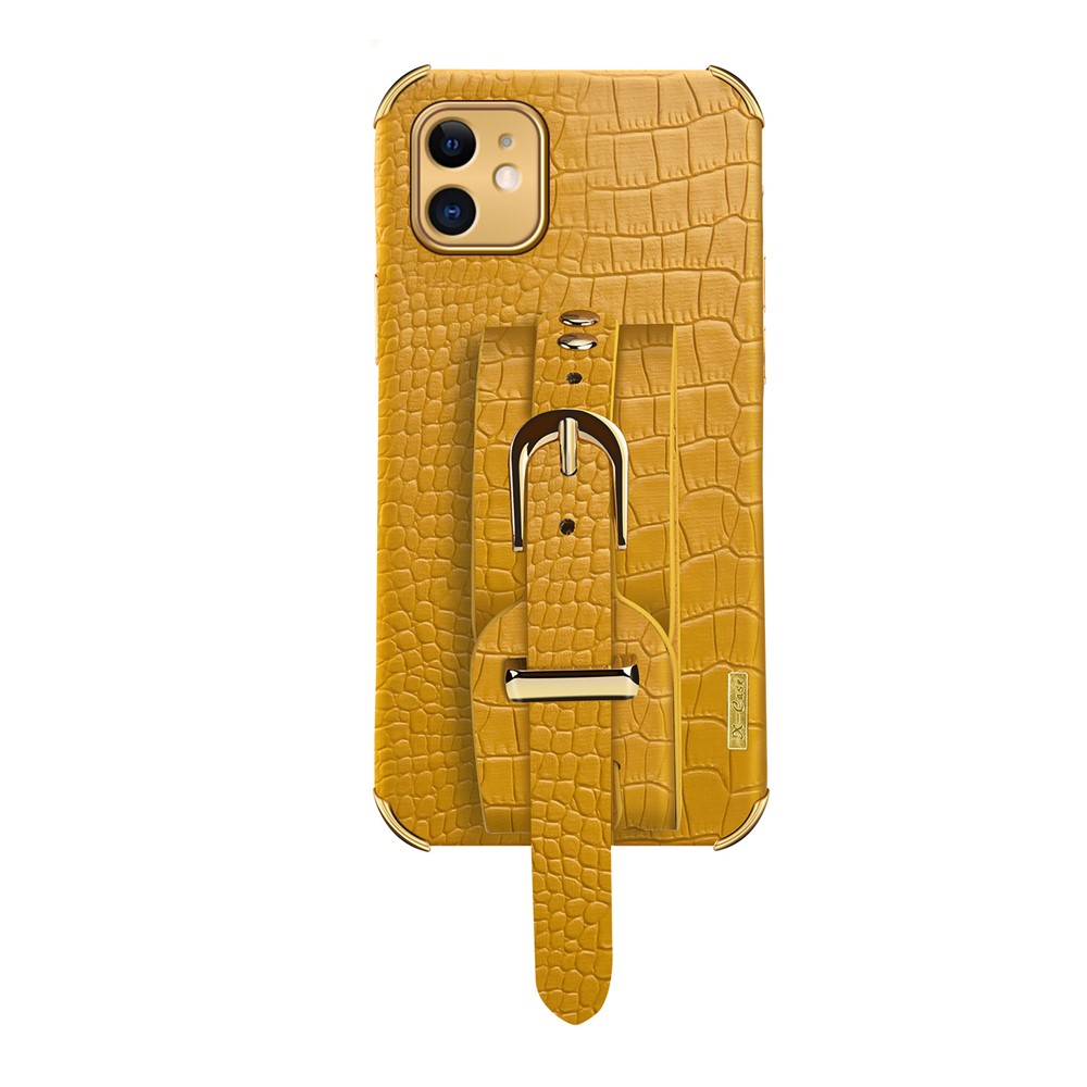 6D Electroplated Crocodile Texture Wrist Strap PU Leather Coated TPU Phone Case for iPhone 12 mini 5.4 inch - Yellow