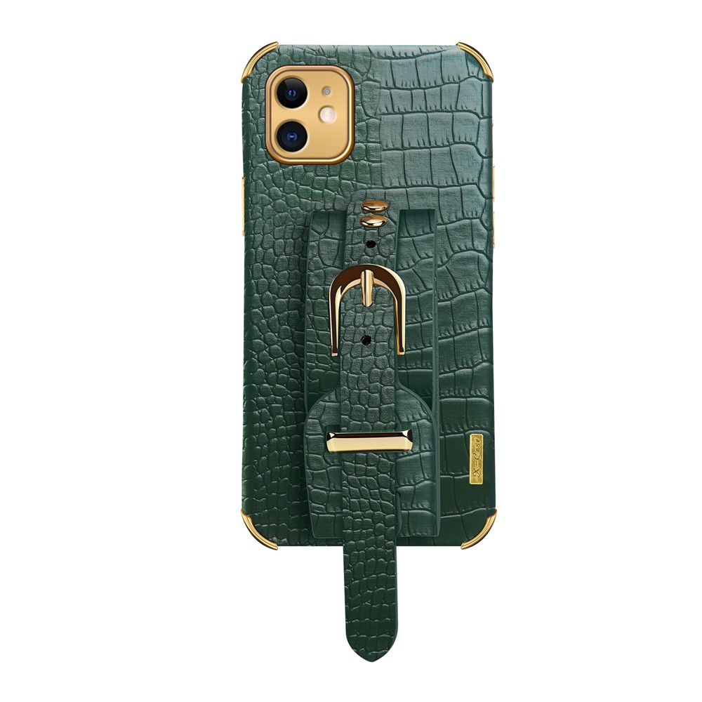 6D Electroplated Crocodile Texture Wrist Strap PU Leather Coated TPU Phone Case for iPhone 12 mini 5.4 inch - Green