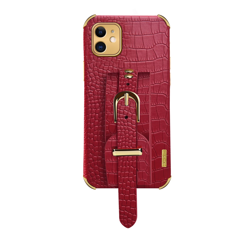 6D Electroplated Crocodile Texture Wrist Strap PU Leather Coated TPU Phone Case for iPhone 12 mini 5.4 inch - Red