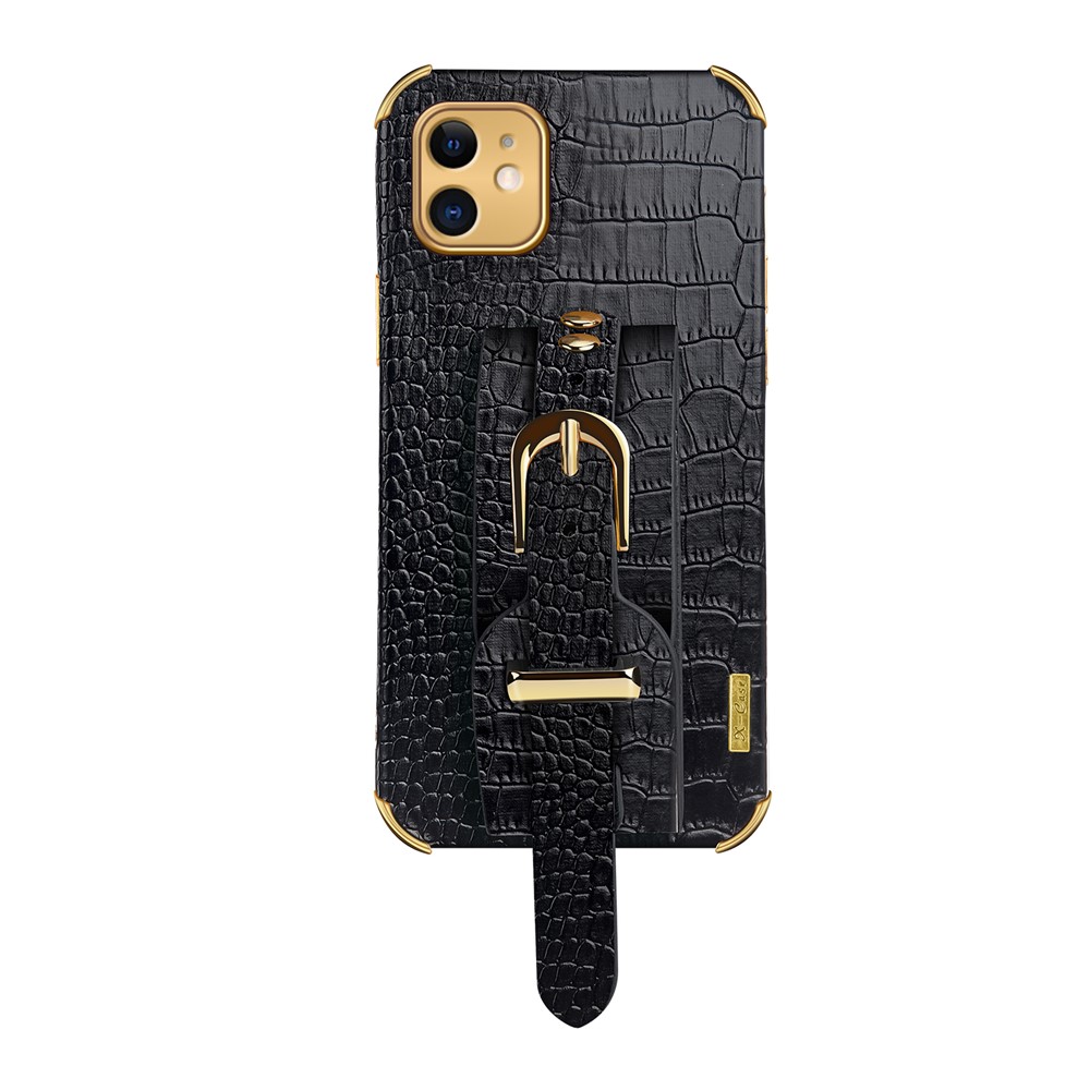 6D Electroplated Crocodile Texture Wrist Strap PU Leather Coated TPU Phone Case for iPhone 12 mini 5.4 inch - Black