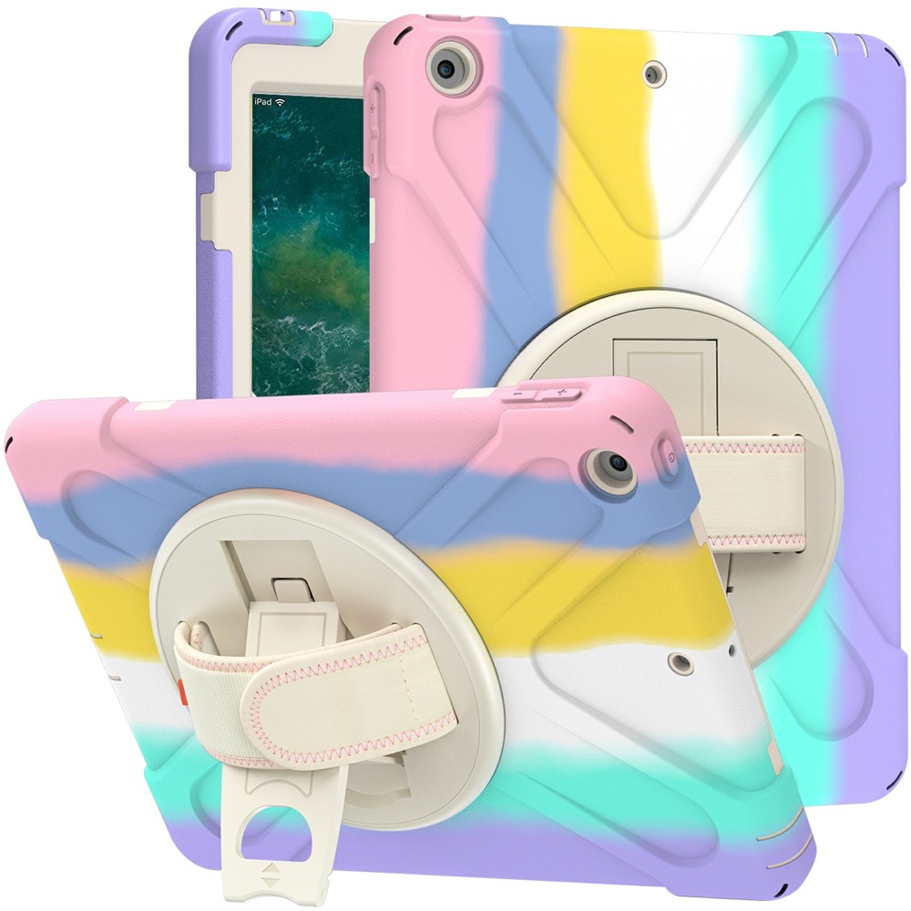 Hand Band Strap Design Tablet Cover with 360 Degree Swivel Kickstand for iPad 9.7-inch (2017)/(2018) - Colorful/Pink