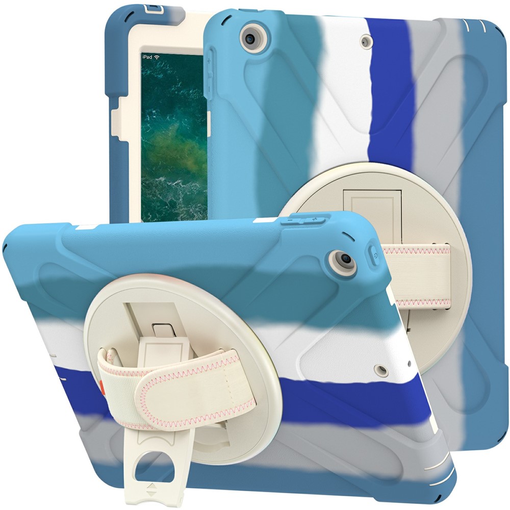 Kickstand Hand Band Design Tablet Cover with Pen & 360 Degree Swive for iPad 9.7-inch (2017)/(2018) - Colorful/Blue