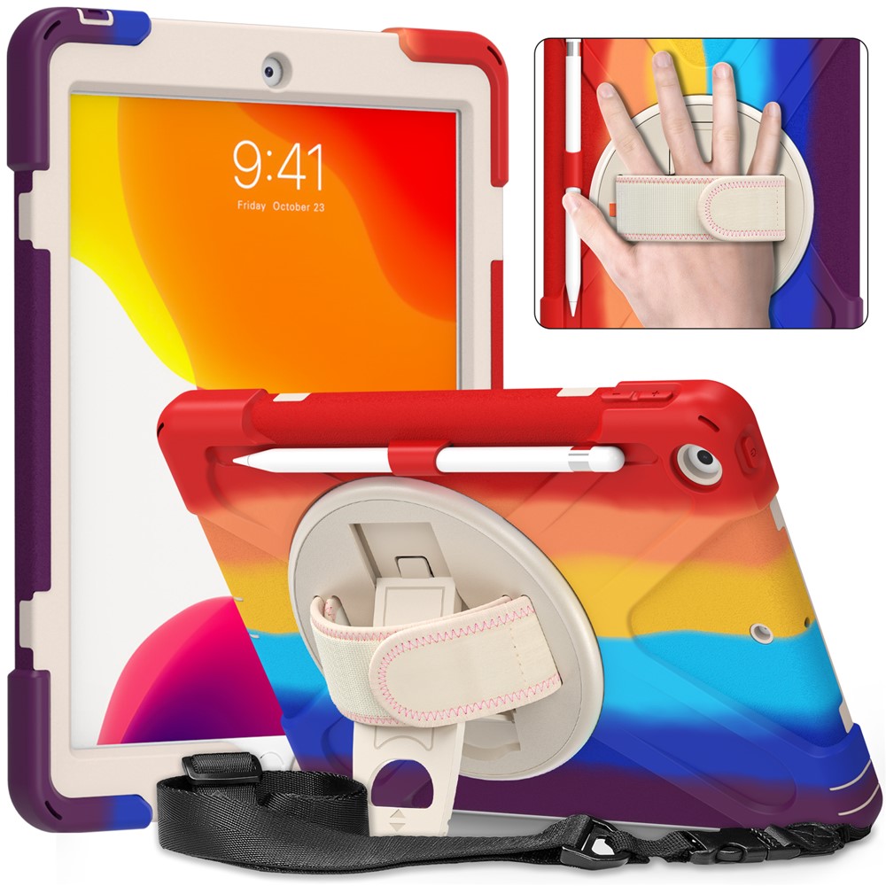 Rotary Kickstand Design Tablet Cover with Shoulder Strap for iPad 10.2 (2021)/(2020)/(2019) - Colorful/Red