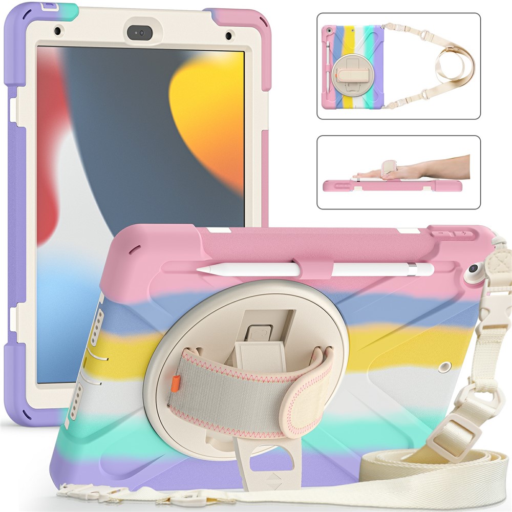 Hand Band Strap Design Tablet Cover with 360 Degree Swivel Kickstand & Shoulder Strap for iPad 10.2 (2021)/(2020)/(2019) - Colorful/Purple