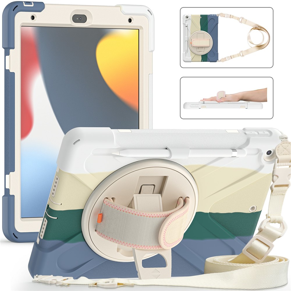 Hand Band Strap Design Tablet Cover with 360 Degree Swivel Kickstand & Shoulder Strap for iPad 10.2 (2021)/(2020)/(2019) - Colorful/White