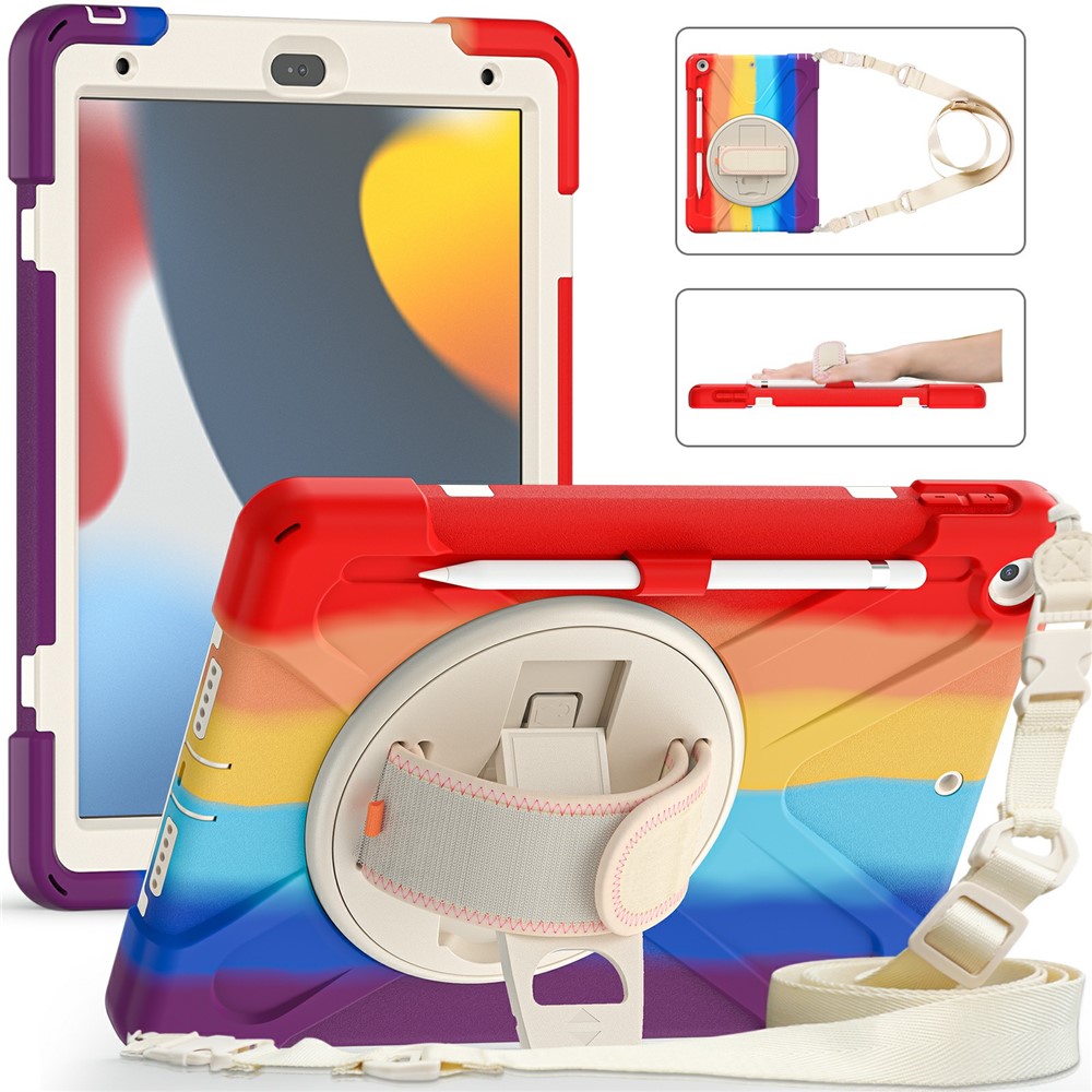 Hand Band Strap Design Tablet Cover with 360 Degree Swivel Kickstand & Shoulder Strap for iPad 10.2 (2021)/(2020)/(2019) - Colorful/Orange