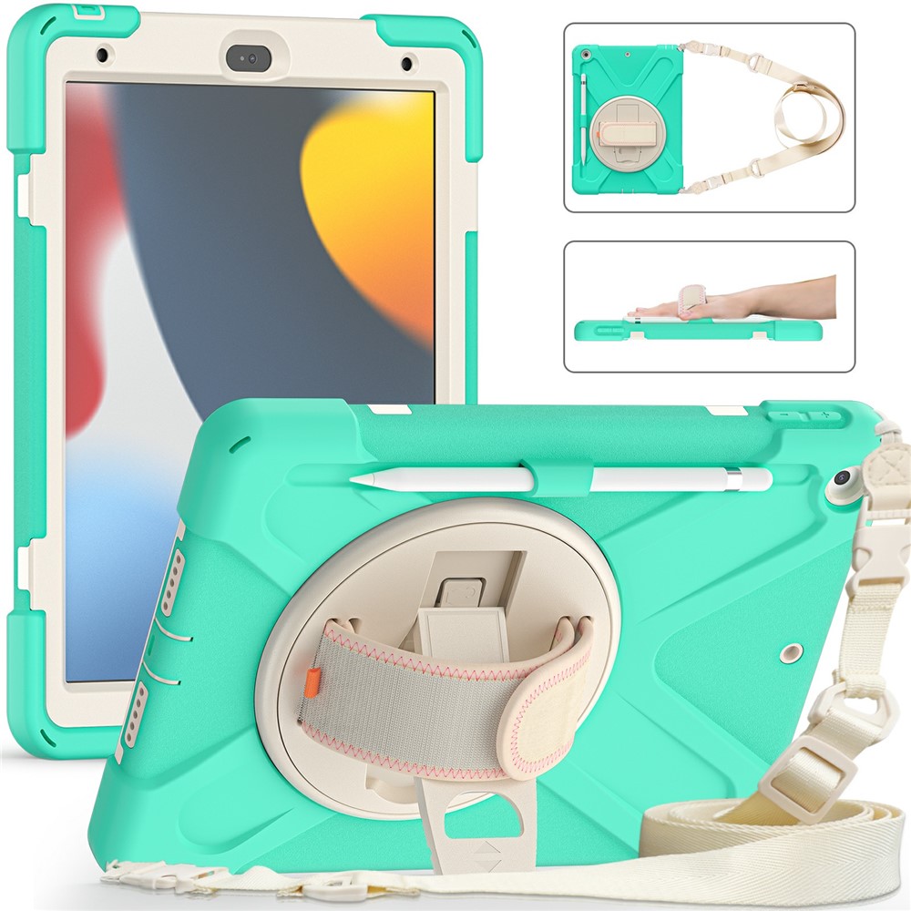 Hand Band Strap Design Tablet Cover with 360 Degree Swivel Kickstand & Shoulder Strap for iPad 10.2 (2021)/(2020)/(2019) - Mint Green