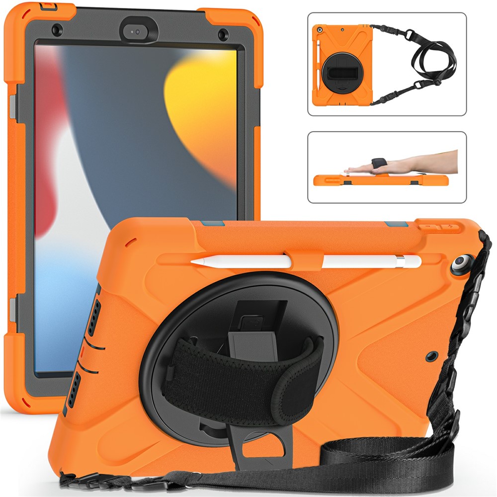 Hand Band Strap Design Tablet Cover with 360 Degree Swivel Kickstand & Shoulder Strap for iPad 10.2 (2021)/(2020)/(2019) - Orange