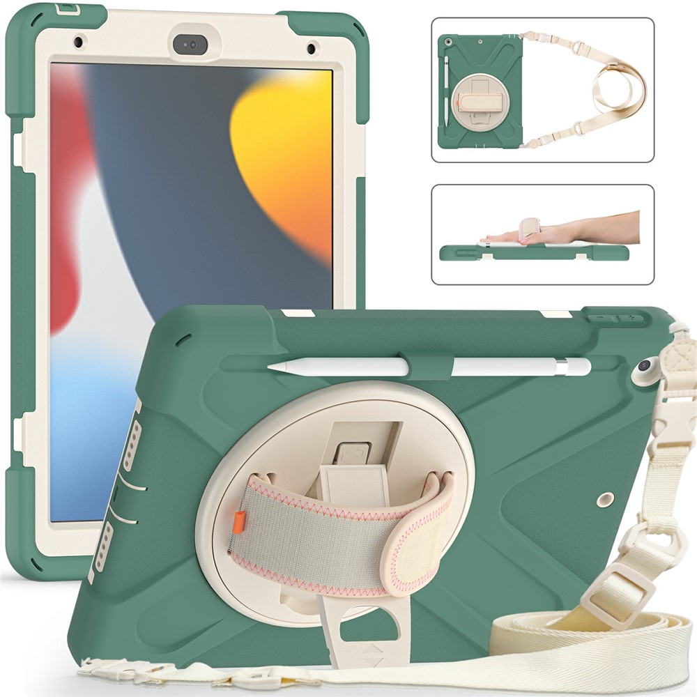 Hand Band Strap Design Tablet Cover with 360 Degree Swivel Kickstand & Shoulder Strap for iPad 10.2 (2021)/(2020)/(2019) - Emerald Green