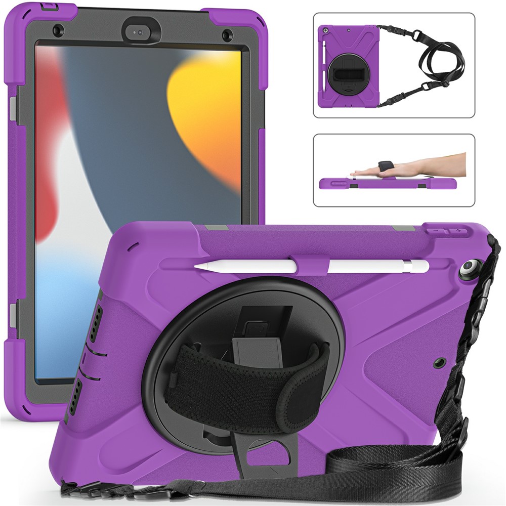Hand Band Strap Design Tablet Cover with 360 Degree Swivel Kickstand & Shoulder Strap for iPad 10.2 (2021)/(2020)/(2019) - Purple