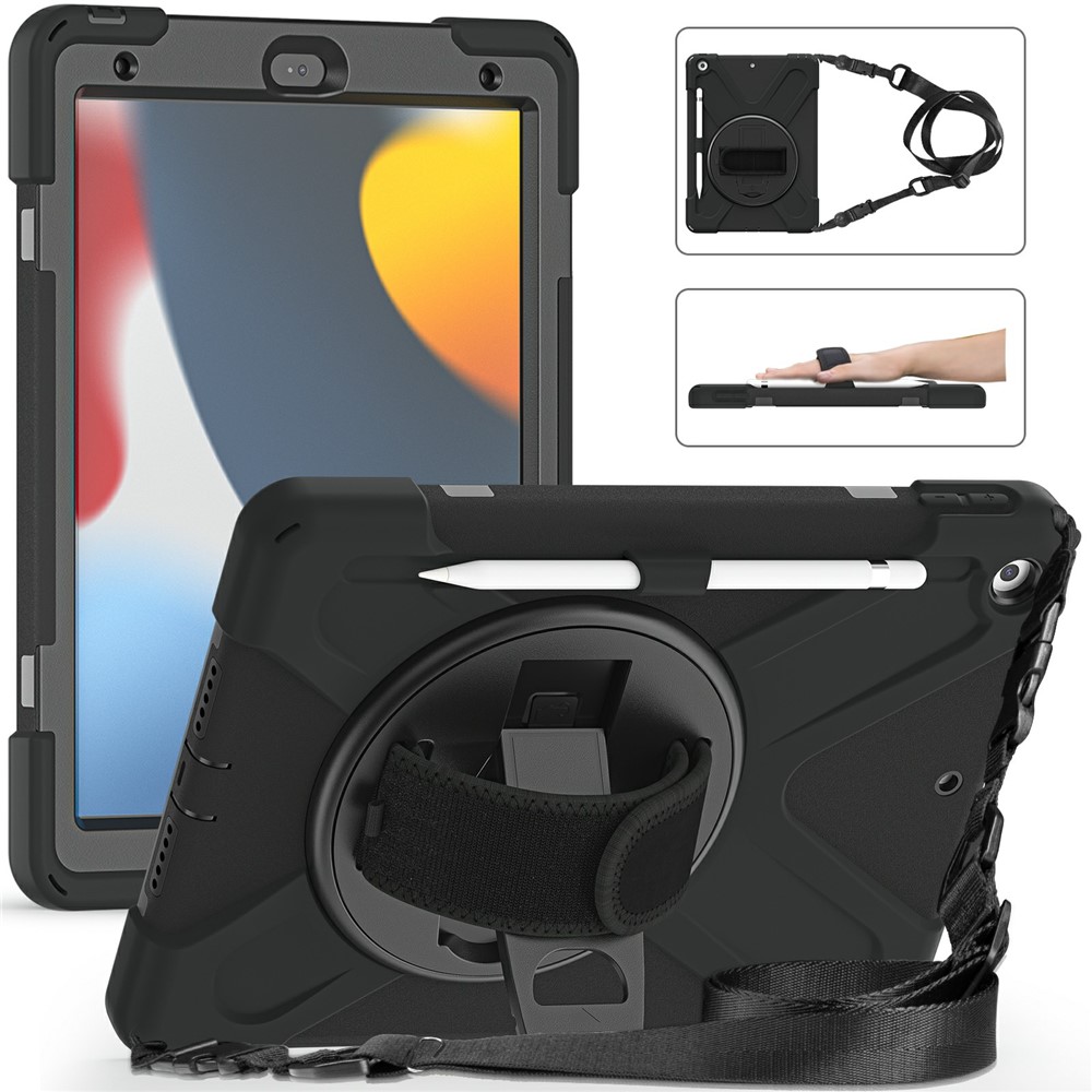 Hand Band Strap Design Tablet Cover with 360 Degree Swivel Kickstand & Shoulder Strap for iPad 10.2 (2021)/(2020)/(2019) - Black