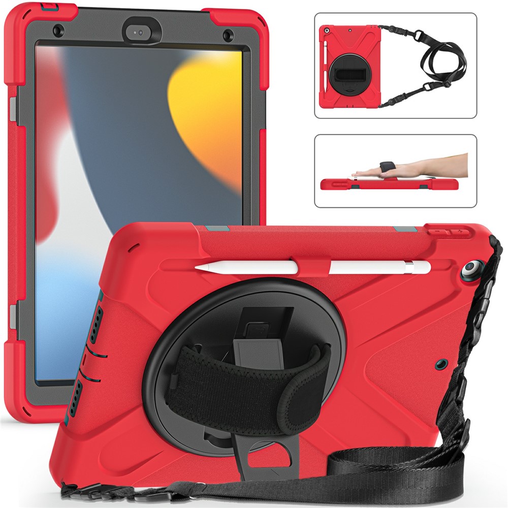 Hand Band Strap Design Tablet Cover with 360 Degree Swivel Kickstand & Shoulder Strap for iPad 10.2 (2021)/(2020)/(2019) - Red