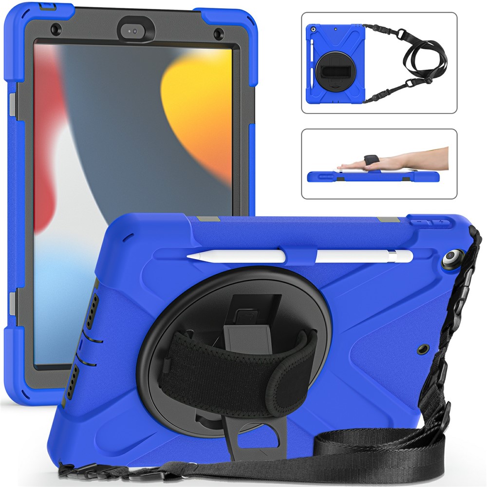 Hand Band Strap Design Tablet Cover with 360 Degree Swivel Kickstand & Shoulder Strap for iPad 10.2 (2021)/(2020)/(2019) - Blue