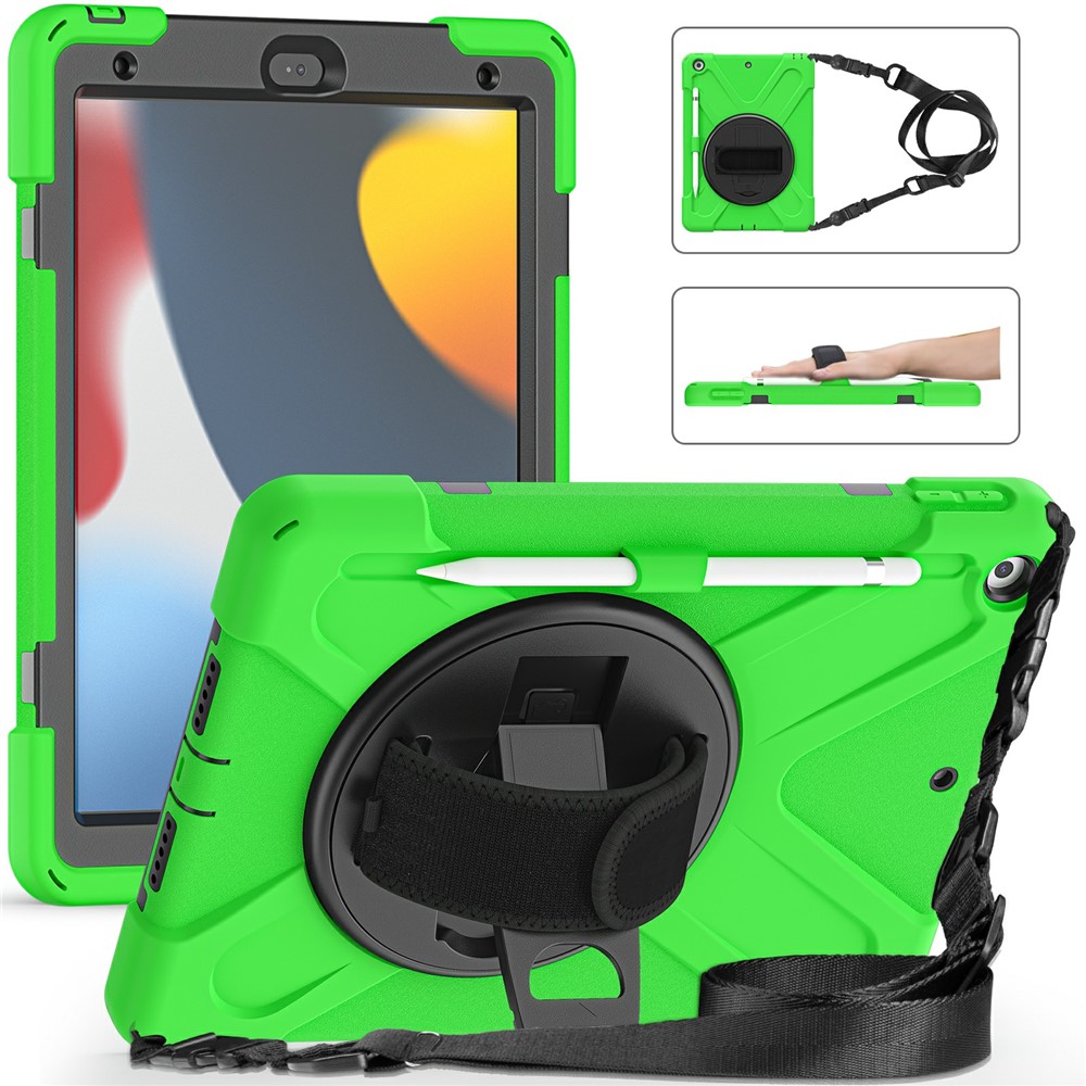 Hand Band Strap Design Tablet Cover with 360 Degree Swivel Kickstand & Shoulder Strap for iPad 10.2 (2021)/(2020)/(2019) - Green