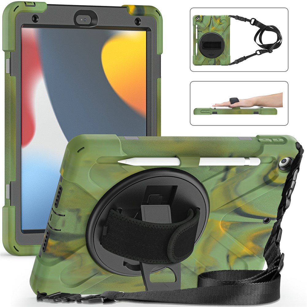 Hand Band Strap Design Tablet Cover with 360 Degree Swivel Kickstand & Shoulder Strap for iPad 10.2 (2021)/(2020)/(2019) - Camouflage