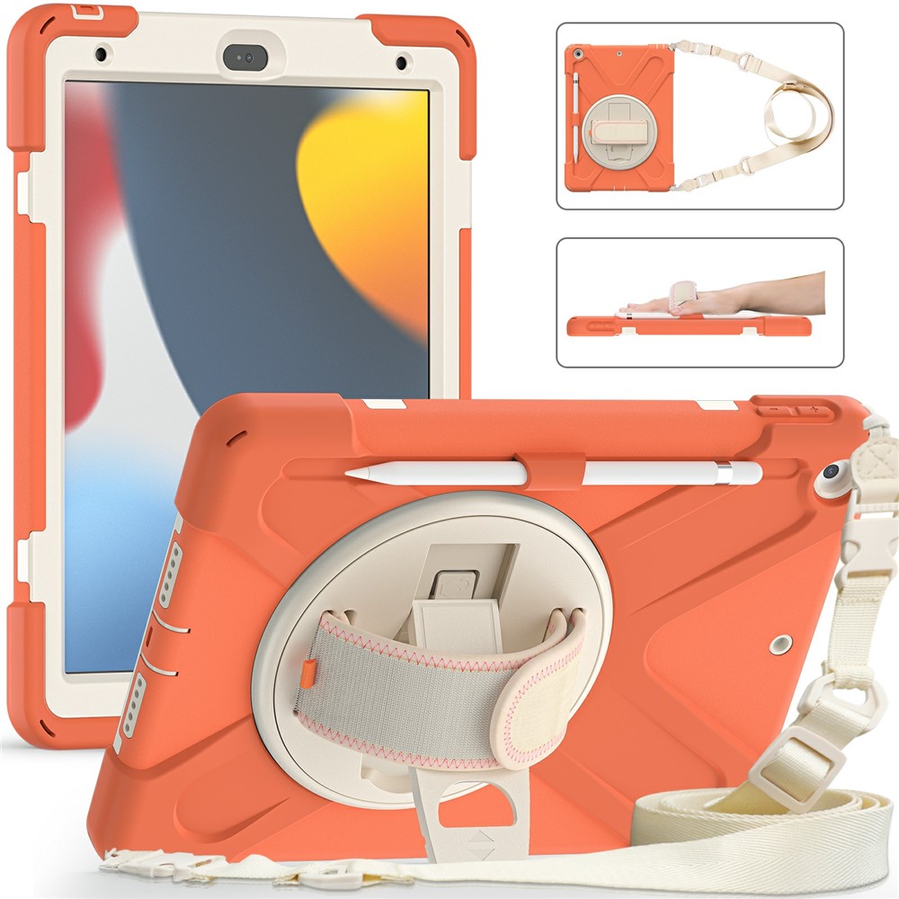 Hand Band Strap Design Tablet Cover with 360 Degree Swivel Kickstand & Shoulder Strap for iPad 10.2 (2021)/(2020)/(2019) - Living Coral