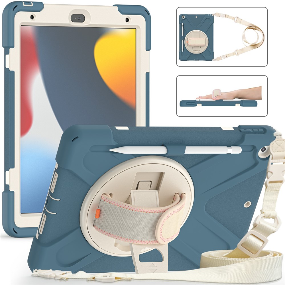 Hand Band Strap Design Tablet Cover with 360 Degree Swivel Kickstand & Shoulder Strap for iPad 10.2 (2021)/(2020)/(2019) - Cornflower Blue