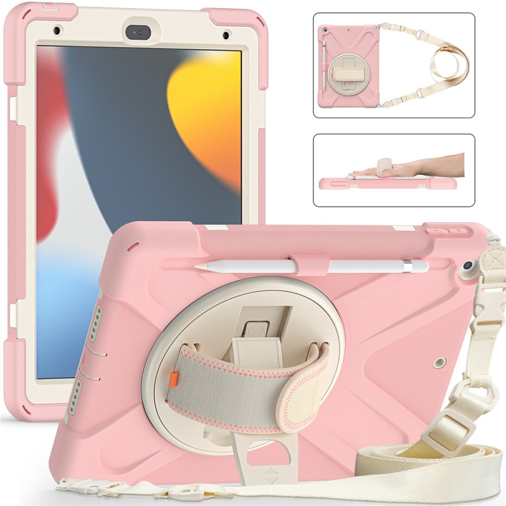 Hand Band Strap Design Tablet Cover with 360 Degree Swivel Kickstand & Shoulder Strap for iPad 10.2 (2021)/(2020)/(2019) - Cherry Blossom Powder