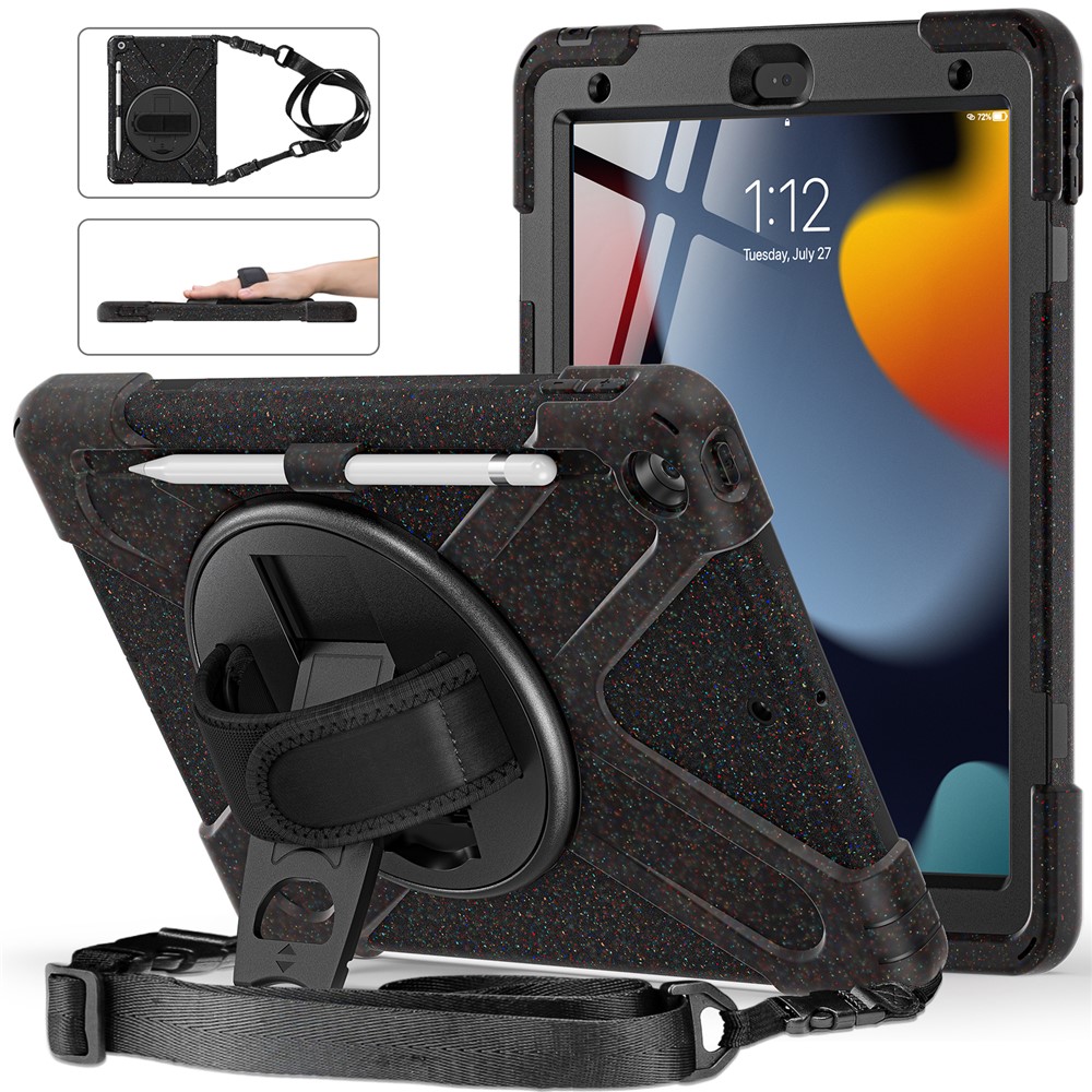For iPad 10.2 (2021) / (2020) / (2019) Rotary Kickstand Design Tablet Cover with Shoulder Strap - Shiny Black