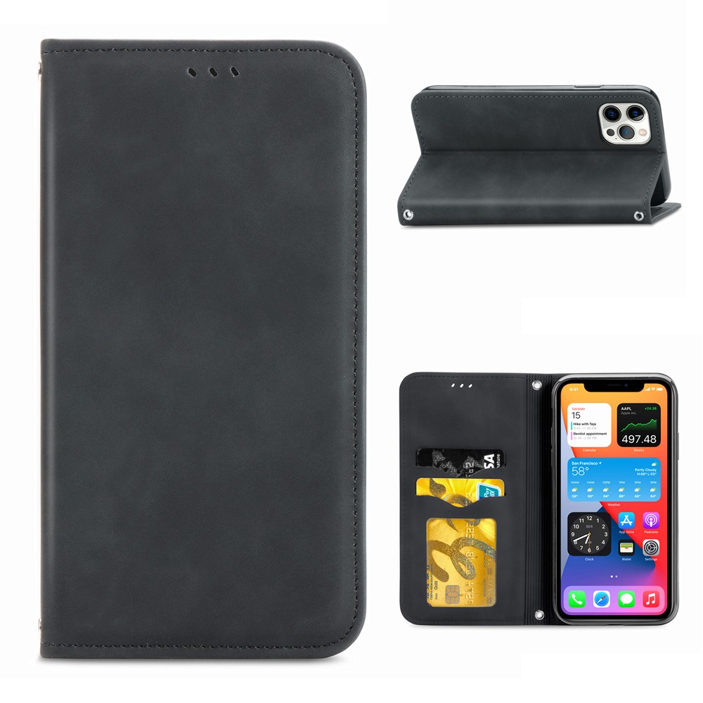 Auto-absorbed Vintage PU Leather Phone Casing for iPhone 12 Pro Max - Black-1