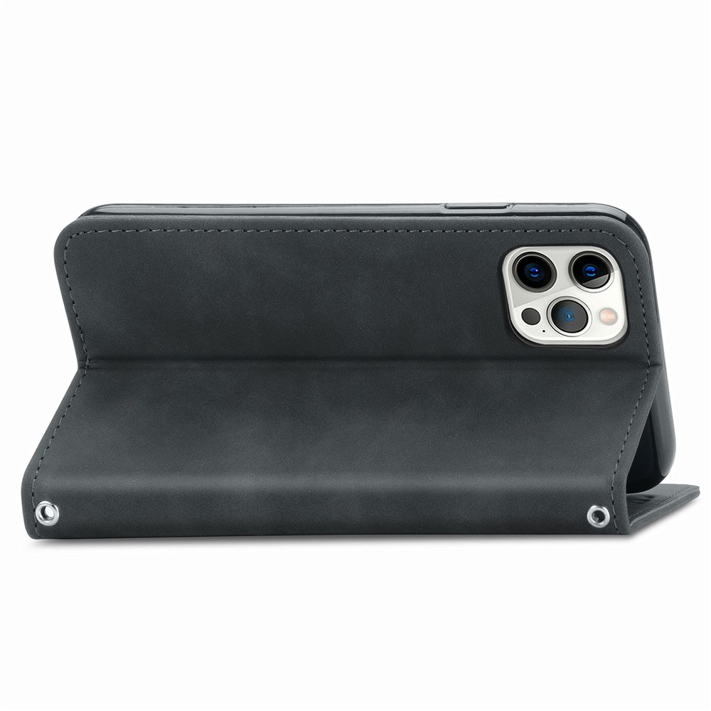 Auto-absorbed Vintage PU Leather Phone Casing for iPhone 12 Pro Max - Black-7