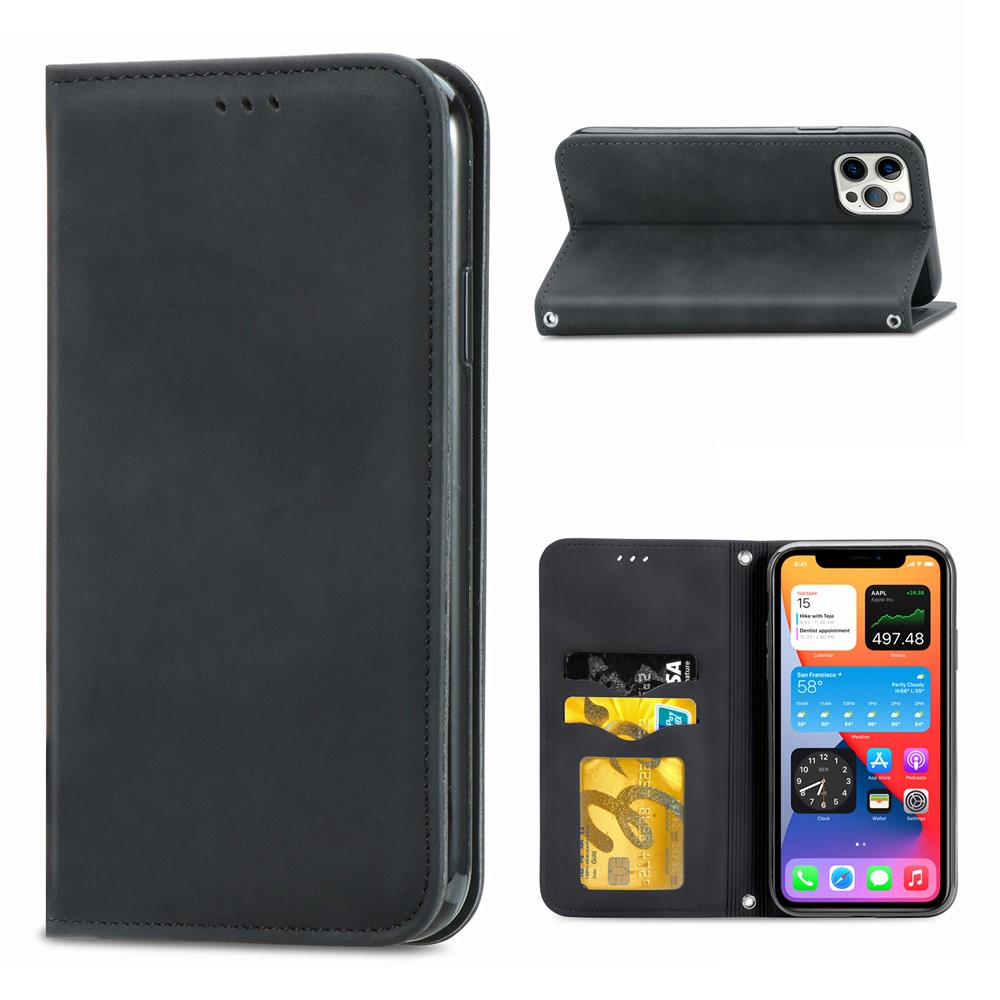 Auto-absorbed Vintage PU Leather Phone Casing for iPhone 12 Pro / iPhone 12 - Black-1