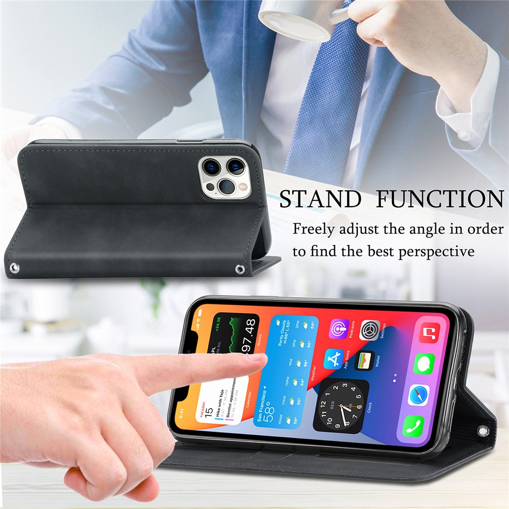 Vestida de Teléfonos PU de Cuero Vintage Autobsorbed Para Iphone 12 Pro / iPhone 12 - Negro