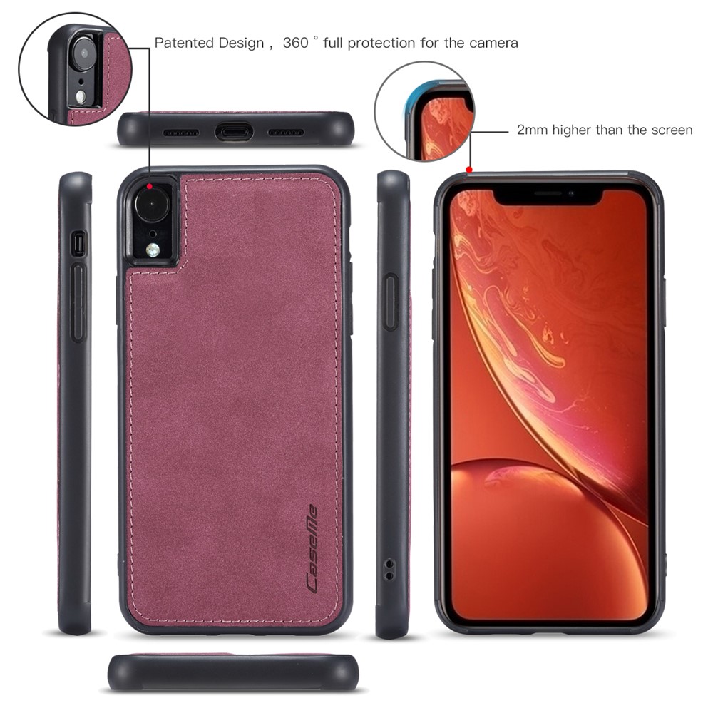 CASEME 018 Series Matte Surface Leather Wallet Design Detachable 2-in-1 Cover Case for iPhone XR 6.1 inch - Wine Red-6