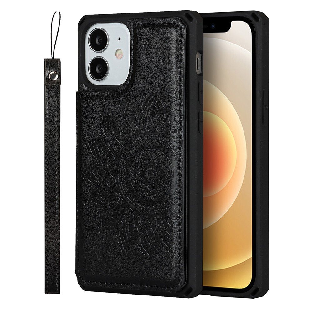 Imprinted Flower Pattern Kickstand PU Leather+TPU Case for iPhone 12 Mini - Black-1