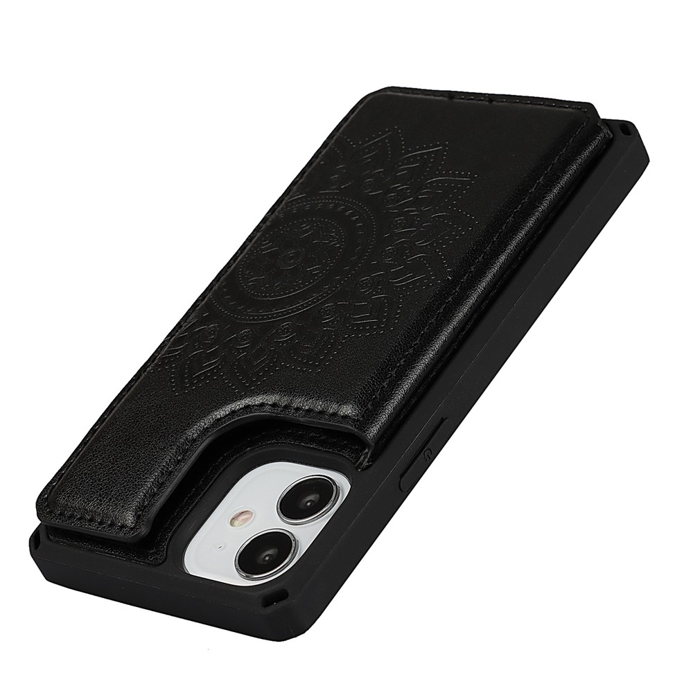 Imprinted Flower Pattern Kickstand PU Leather+TPU Case for iPhone 12 Mini - Black-7