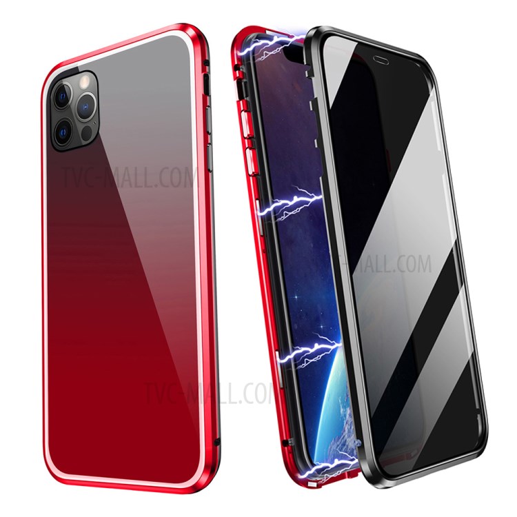 R-JUST Gradient Color Design Strong Magnetic Suction Aluminium Alloy Frame Anti-peep Phone Case for iPhone 12/12 Pro - Black/Red-1