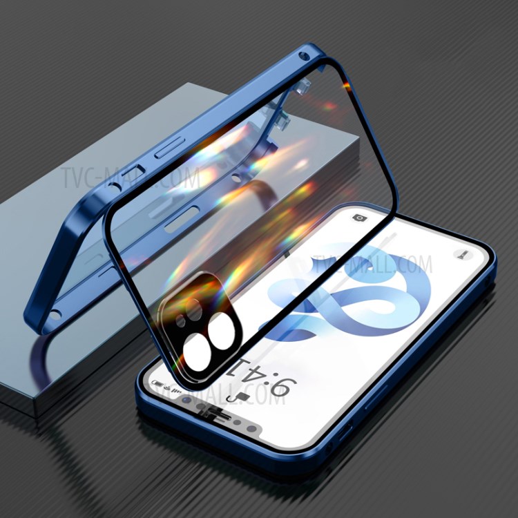 Precision Hole Double-sided Tempered Glass Double Buckle with Full Cover Camera Protective Phone Case for iPhone 12 / iPhone 12 Pro - Blue-1