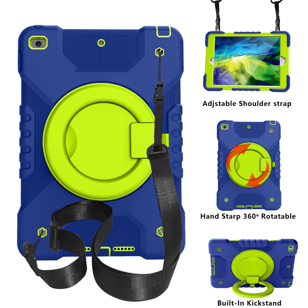 360 Degree Swivel Kickstand Design PC + Silicone Hybrid Tablet Case with Shoulder Strap for iPad 10.2 (2020)/ (2021) / iPad 10.2 (2019) - Dark Blue+Green