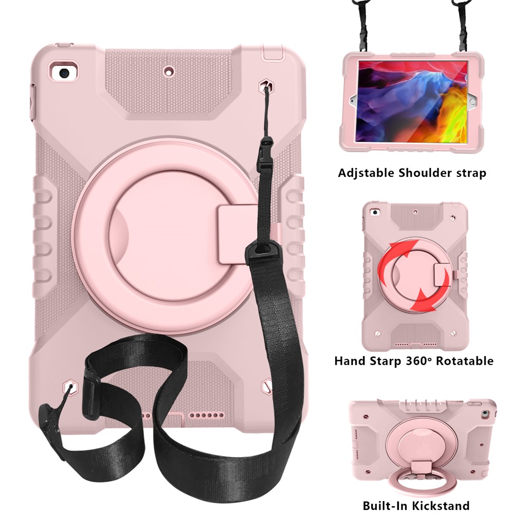 360 Degree Swivel Kickstand Design PC + Silicone Hybrid Tablet Case with Shoulder Strap for iPad 10.2 (2020)/ (2021) / iPad 10.2 (2019) - Rose Gold