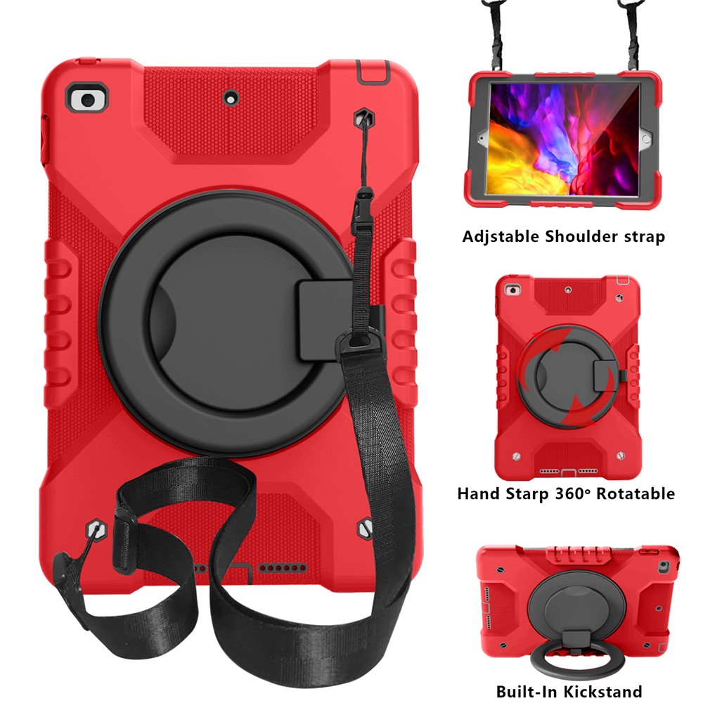 360 Degree Swivel Kickstand Design PC + Silicone Hybrid Tablet Case with Shoulder Strap for iPad 10.2 (2020)/ (2021) / iPad 10.2 (2019) - Red+Black