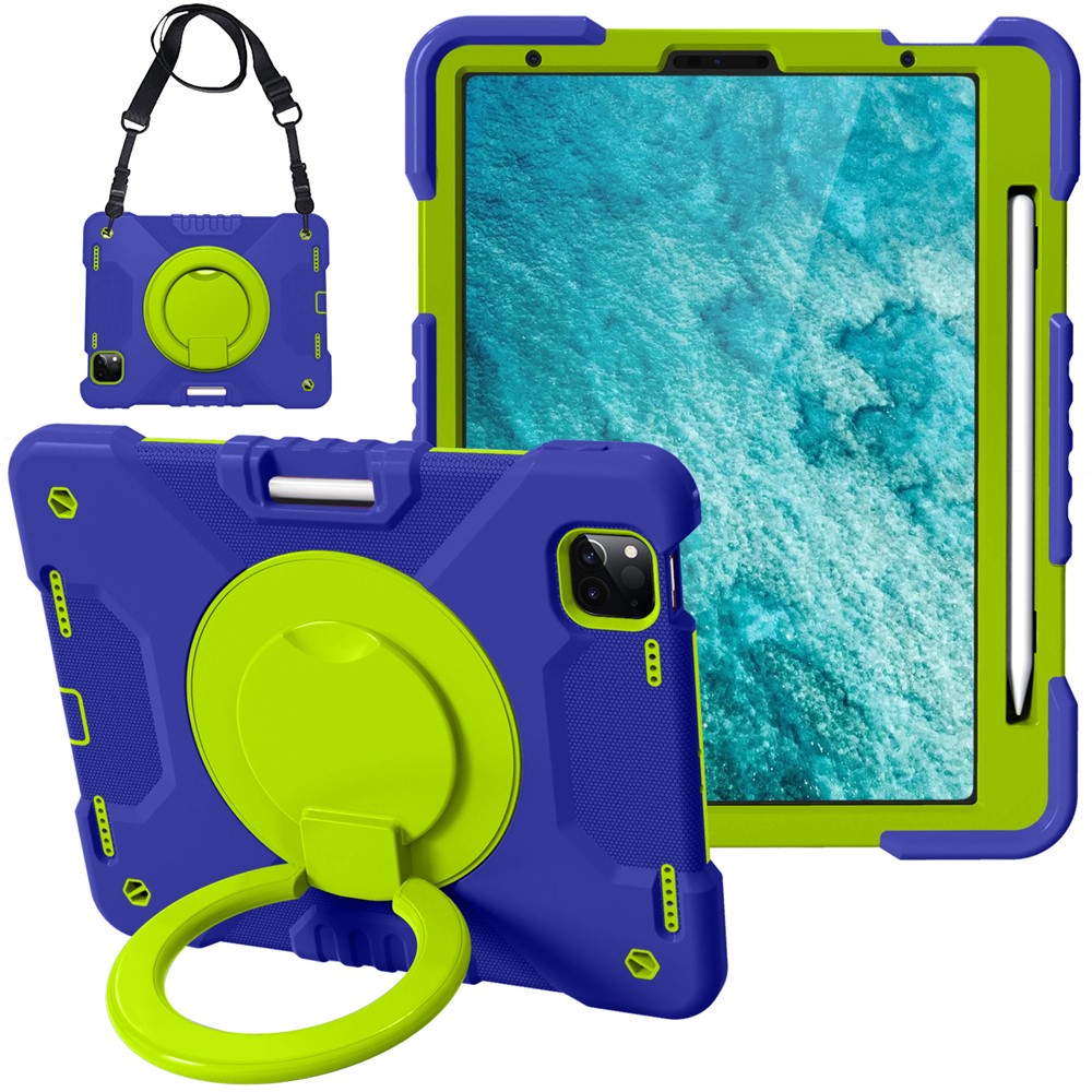 360 Degree Swivel Kickstand Design PC + Silicone Hybrid Tablet Case with Shoulder Strap for iPad Air (2020) / Air (2022) / Pro 11-inch (2021) (2020) (2022) - Dark Blue+Green