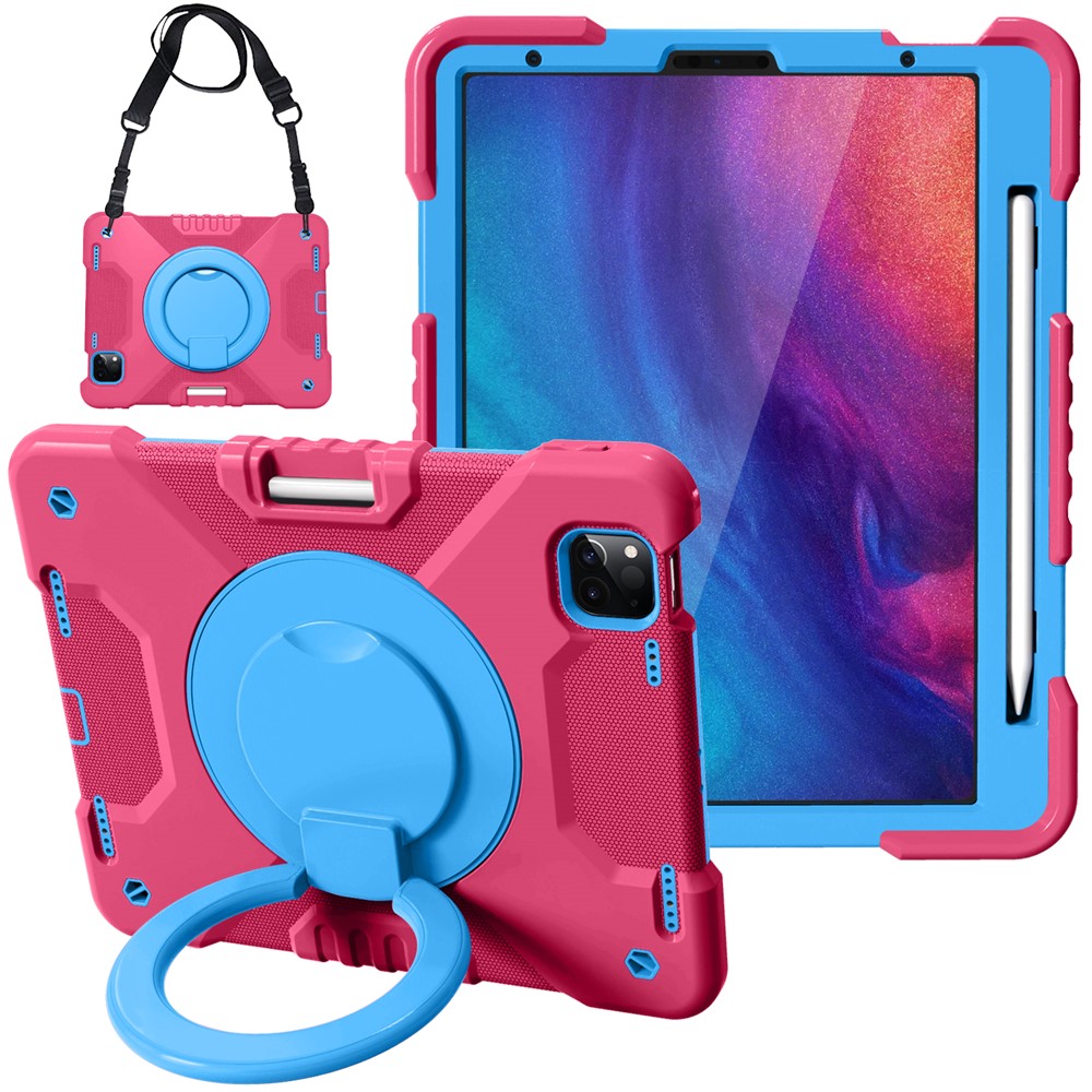 360 Degree Swivel Kickstand Design PC + Silicone Hybrid Tablet Case with Shoulder Strap for iPad Air (2020) / Air (2022) / Pro 11-inch (2021) (2020) (2022) - Rose+Blue