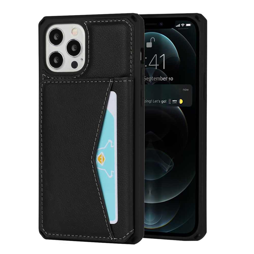 Genuine Leather Coated TPU Case with Card Slots and Kickstand for iPhone 12 Pro / iPhone 12 - Black-1