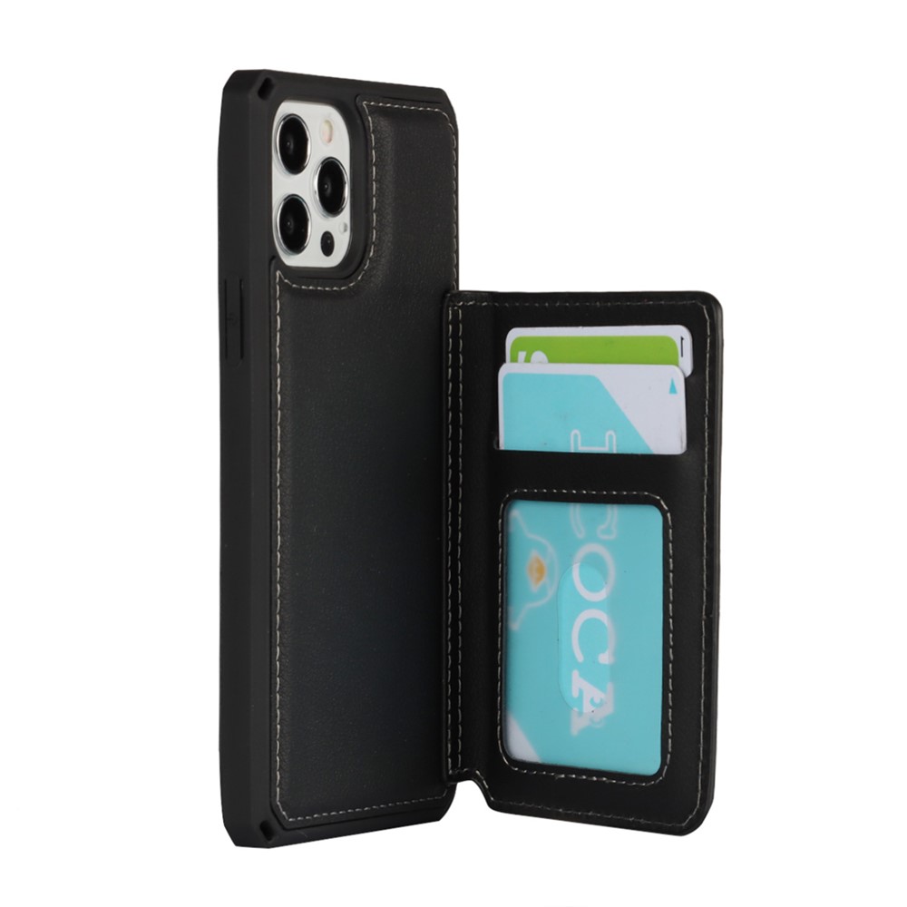 Genuine Leather Coated TPU Case with Card Slots and Kickstand for iPhone 12 Pro / iPhone 12 - Black-4