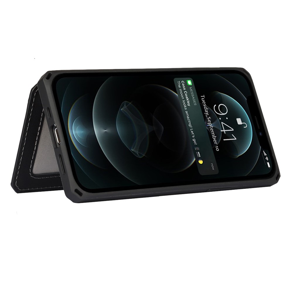 Genuine Leather Coated TPU Case with Card Slots and Kickstand for iPhone 12 Pro / iPhone 12 - Black-5