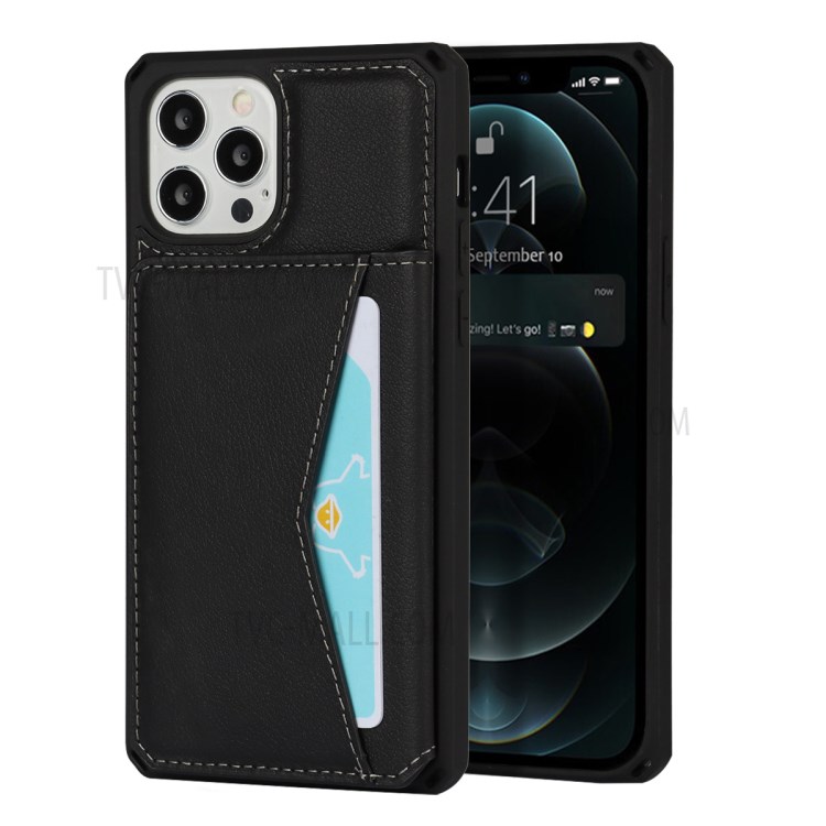Genuine Leather Coated TPU Case with Card Slots and Kickstand for iPhone 12 Pro Max - Black-1